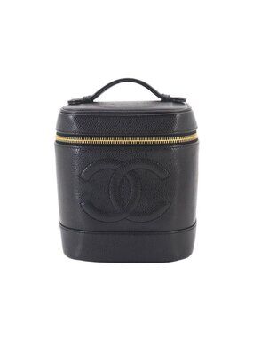 Chanel Vanity Hand Bag Caviar Leather Black CC Logo Gold